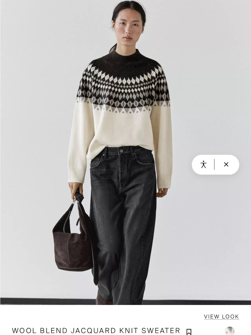 Massimo Dutti Black and Ivory Jacquard Yoke Crewneck Sweater